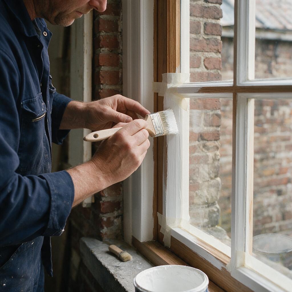 Schilder van All Steps schildert een houten kozijn