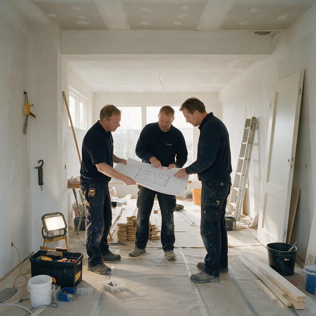 Drie vakmensen van All Steps nemen een bouwtekening door op de werkplek